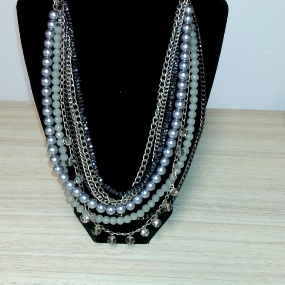 Loft multi strand necklace, 7 beads, rhinetones ,chains, white and silvertone